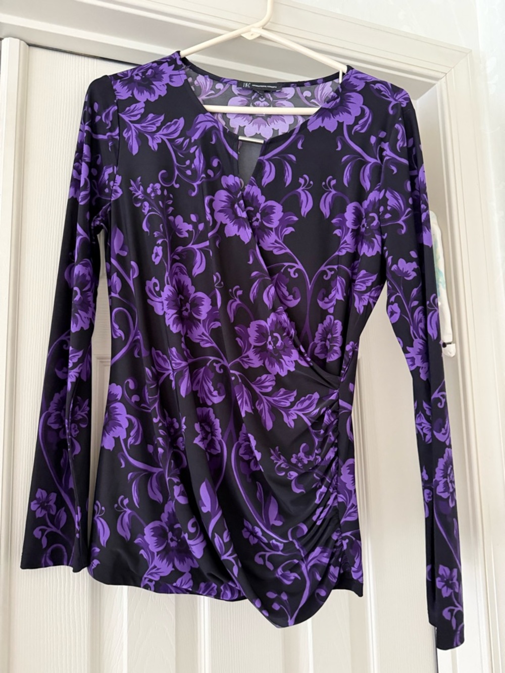 INC International Concepts Black and Purple Floral Wrap-Style Long Sleeve Top